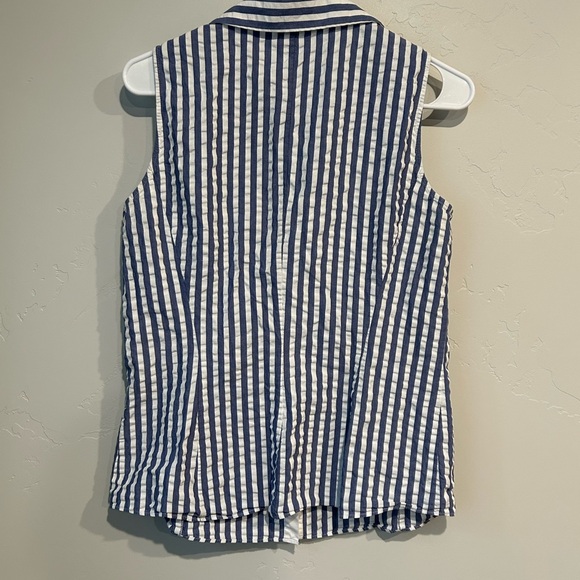 Lafayette 148 New York Blue and White Striped Textured Cotton Button Down Shirt - Picture 6 of 6